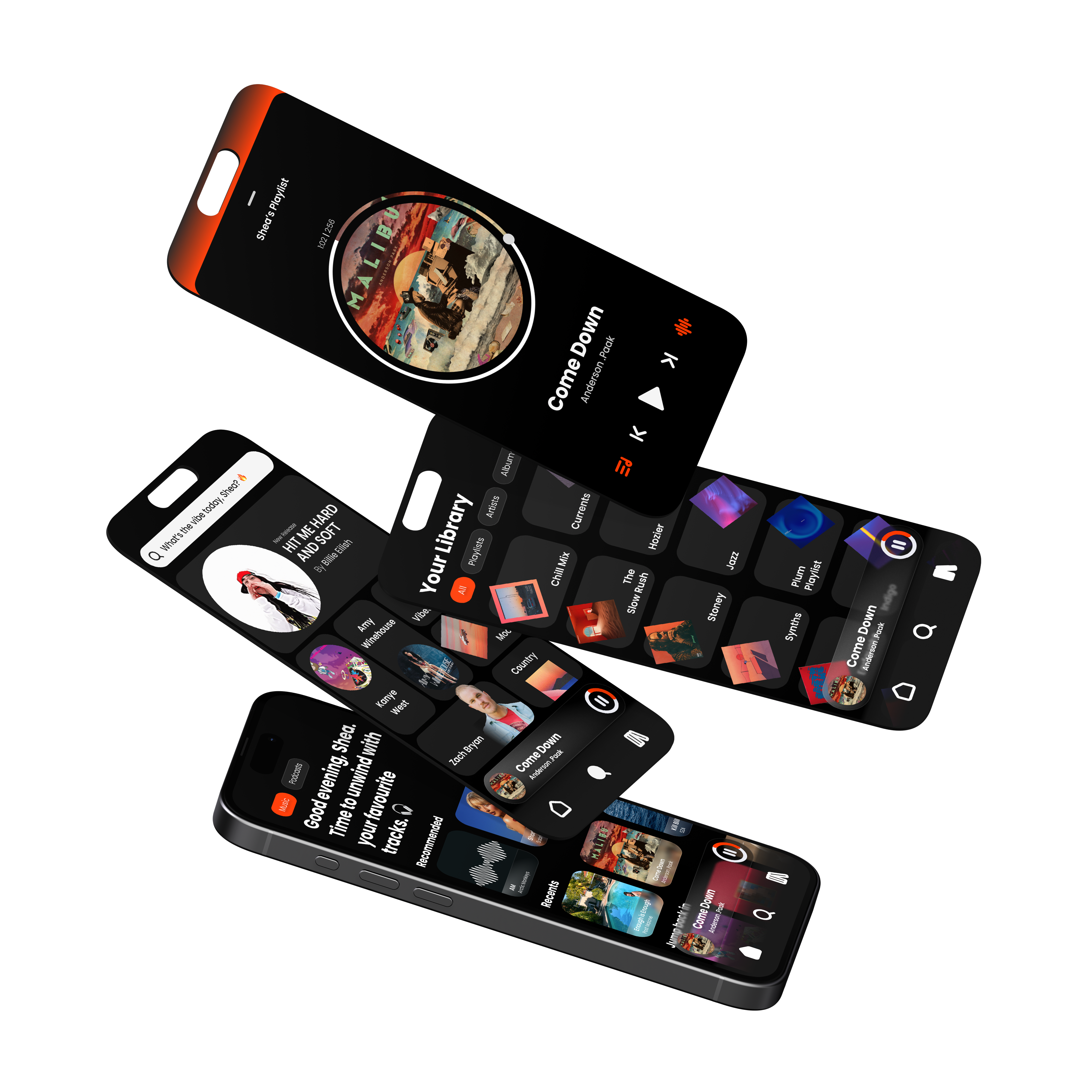 Amp music app — three screens showing the player, library, and home views