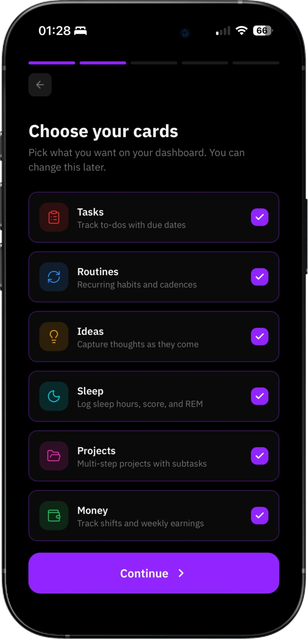 Brain Dump card selection screen showing options for Tasks, Routines, Ideas, Sleep, Projects and Money