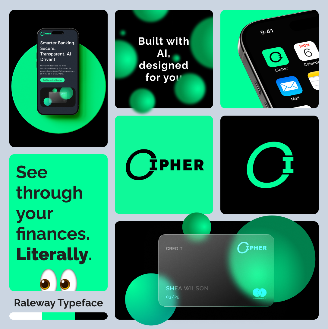 Cipher brand collage showing logo, typography, card, and colour palette